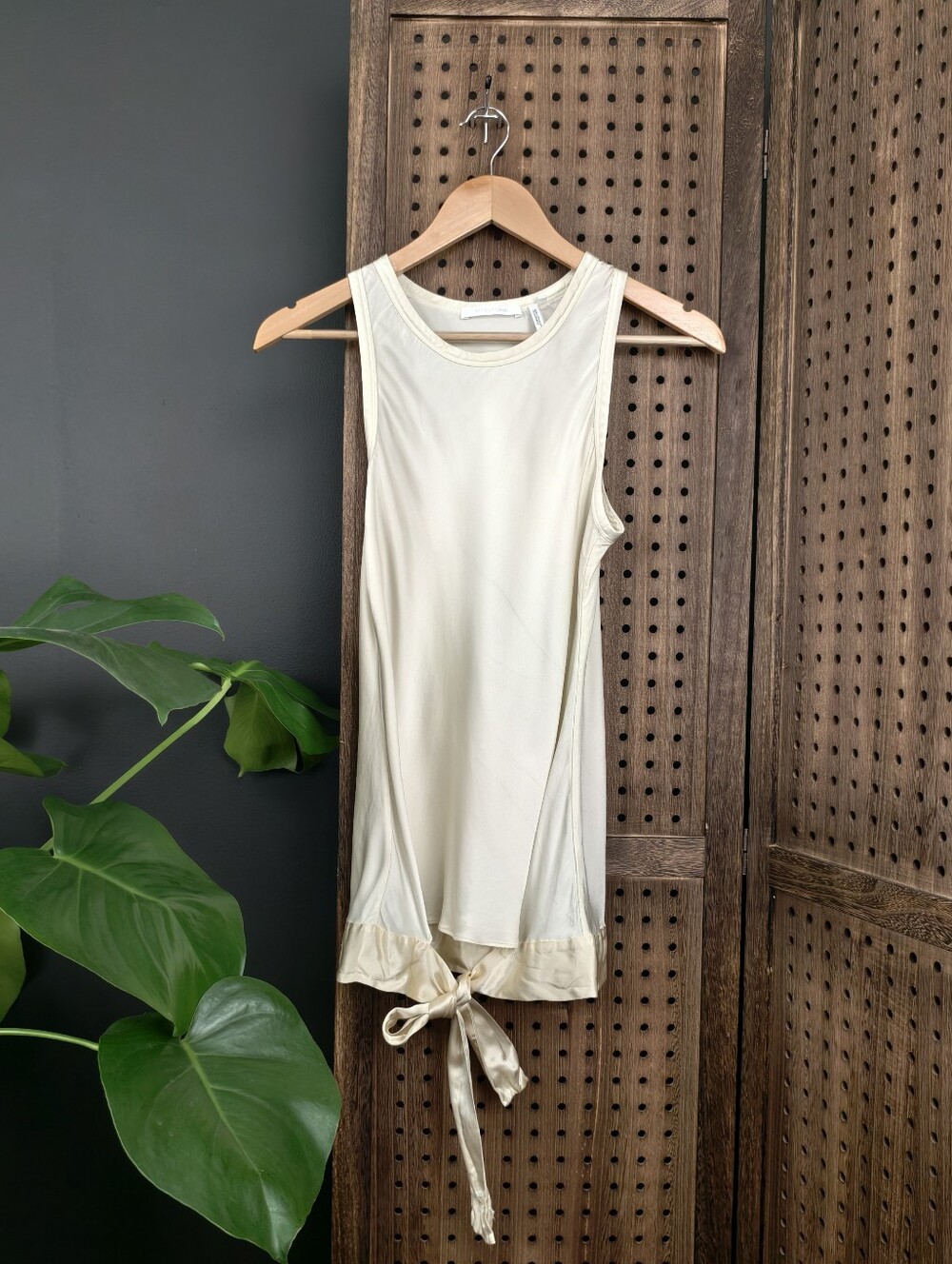 Helmut Lang Sleeveless Cream Satin-Trim Tank with Waist Tie